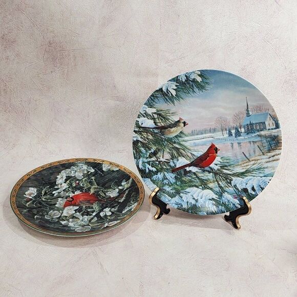 2 Bradex  China Plates Ltd Ed. 'CARDINALS IN WINTER' & 'EARLY MORNING RAIN' - Picture 1 of 9